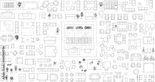 A blurry image of various technical drawings and diagrams isolated on transparent background