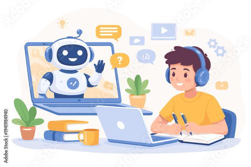 Boy Studying Online with Friendly Robot Tutor on Laptop Screen, Wearing Headphones and Writing in Notebook. Concept of AI Education, Digital Learning, and Future Technology for Students and Kids.