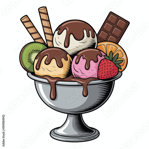 A delicious chocolate ice cream sundae served in a glass bowl with a fresh cherry and strawberry illustration makes for a tasty, cold summer dessert