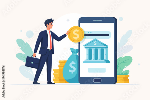 Businessman in a professional suit making an online deposit to his bank account using a smartphone app. Flat vector illustration of mobile banking, digital finance, investment, and money management.