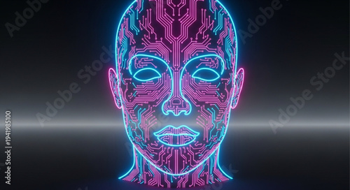 Futuristic Digital Human Face with Neon Circuitry.