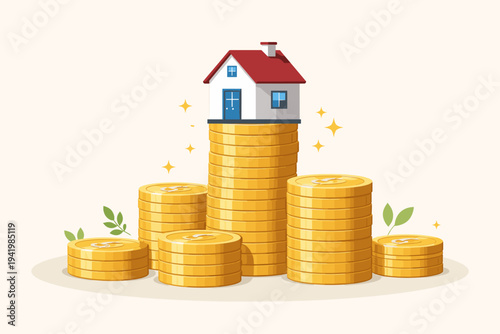 Real Estate Investment and Property Value Growth Concept with a Small House on Top of a Stack of Gold Coins, Representing Mortgage Savings, Home Ownership, and Financial Success in Housing Market.