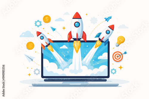 Vector Illustration of Three Rockets Launching from a Laptop Screen Symbolizing Successful Online Startup Business Growth Innovation and Digital Marketing Strategy in Flat Design Style