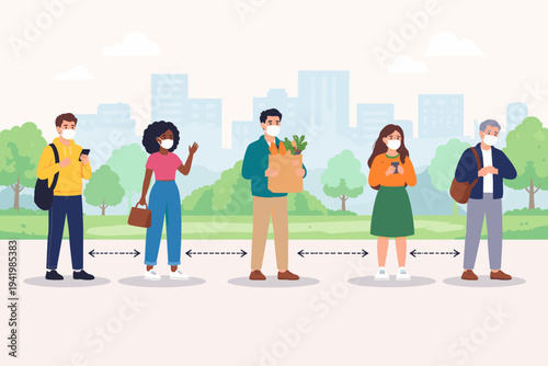 Diverse Group of People Wearing Protective Face Masks and Maintaining Social Distance in a Public Park with City Skyline, Vector Illustration of Pandemic Safety Measures and Health Precautions