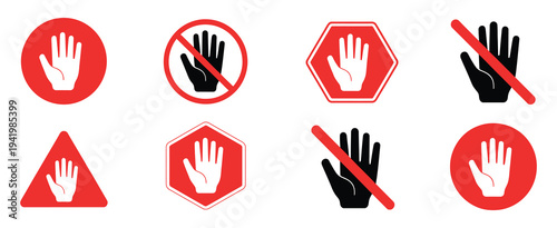 Forbidden Sign Icon Set Featuring Red No Touch and Prohibited Warning Labels Vector Illustration Collection for Safety Instructions Restriction Symbols Industrial Hazard Signs and Public Notice