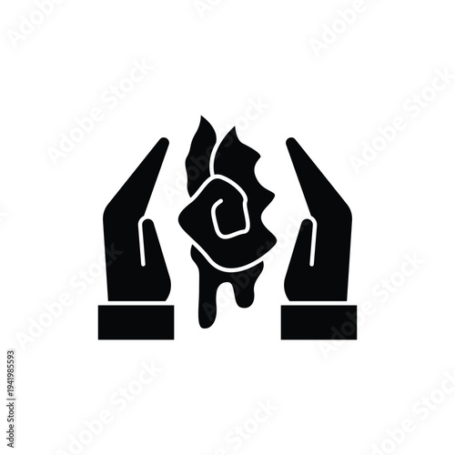 Hands holding rose symbol - love care protection icon.