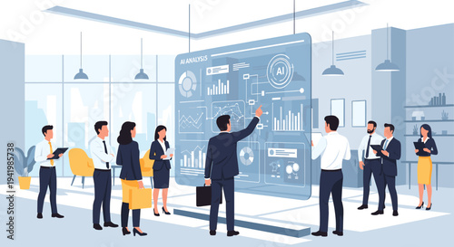 A group of business professionals analyzing data on a large transparent screen in a modern office.