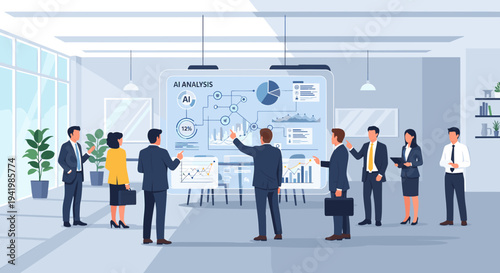 Business professionals gathered in a modern conference room for a data analysis presentation.