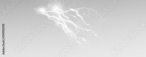 Realistic lightning flash effect, thunderstorm and lightning. Shining white lightning isolated on transparent background, natural phenomenon png.	
