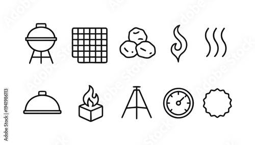 Barbecue grill and cooking elements icons for outdoor grilling