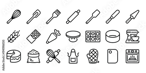 Baking equipment and ingredients line icons collection for cooking