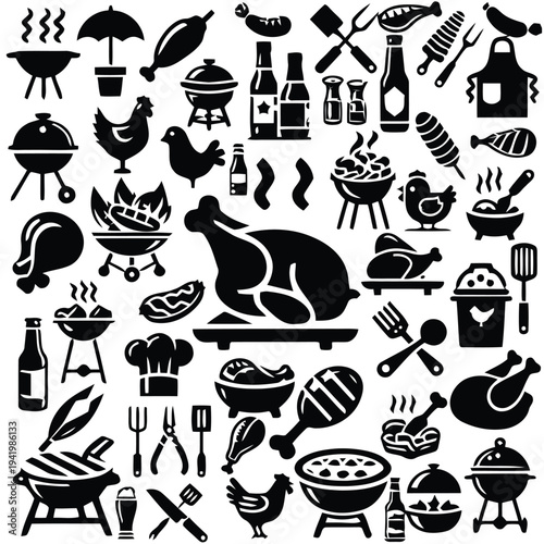 barbecue grill with chicken and various cooking utensils for summer party