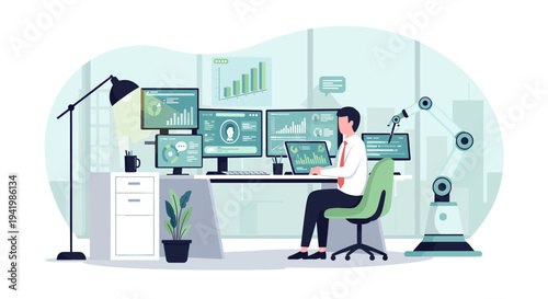 A man working in a high-tech office with multiple screens displaying data and a robotic arm, illustrating modern business operations and technology.