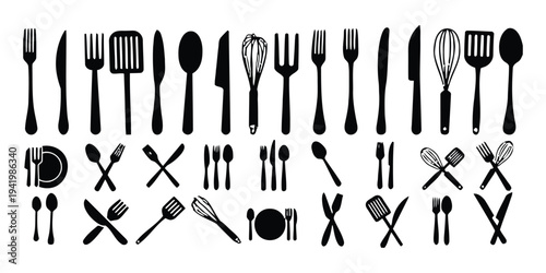 Black silhouette of kitchen utensils and cutlery