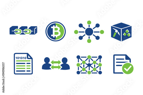 Blockchain and cryptocurrency icons for digital currency, network, and security