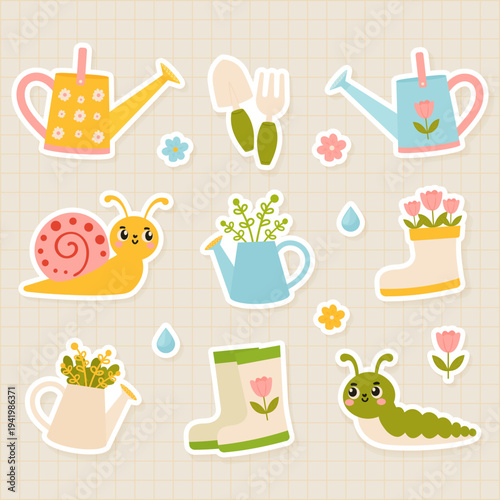 Spring garden stickers set with watering can snail and rubber boots vector illustration.