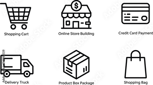 Online store building and product package outline icons

