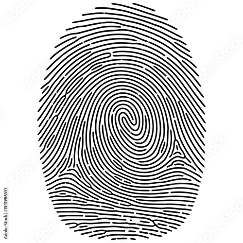 Detailed black and white image of a human fingerprint showing unique patterns
