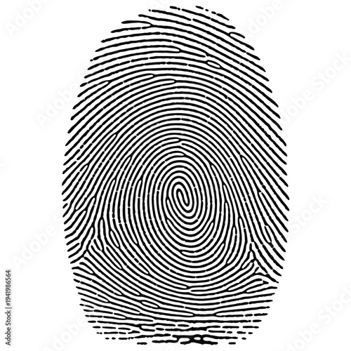 Detailed black and white image of a human fingerprint with distinct ridges