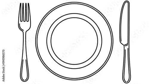 Simple black and white illustration of a fork, plate, and knife
