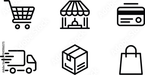 Shop counter storefront and product box outline icons

