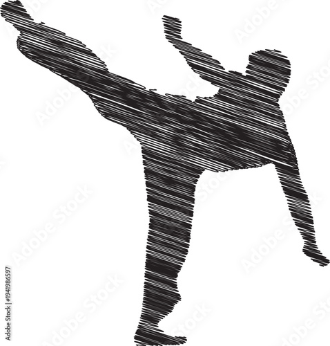 A person in a karate pose with one leg raised high