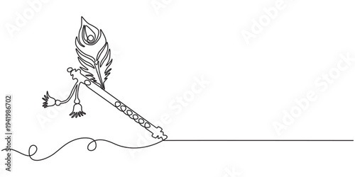 krishna flute continuous one line drawing, krishna flute hinduism line icon vector. krishna flute hinduism sign. isolated contour symbol black illustration, flute music outline icon vector eps pro.