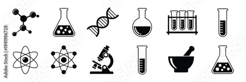 Science Laboratory Icons Vector Set, Chemistry Lab Equipment Symbols with Flask, Test Tube, Beaker, Microscope, and Atom Icons Isolated on White Background for Education, Research, and Medical Design