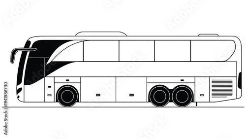 Side view of a large double-decker bus with six wheels and tinted windows