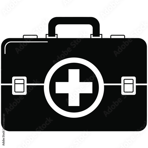Black first aid kit with a white cross symbol on the front