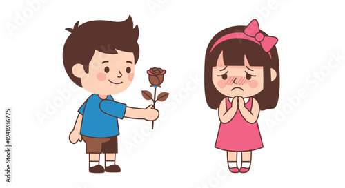 Cute boy giving red rose to shy girl with blush