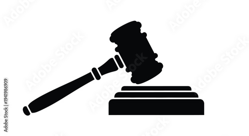 A black silhouette of a gavel resting on a sound block silhouette