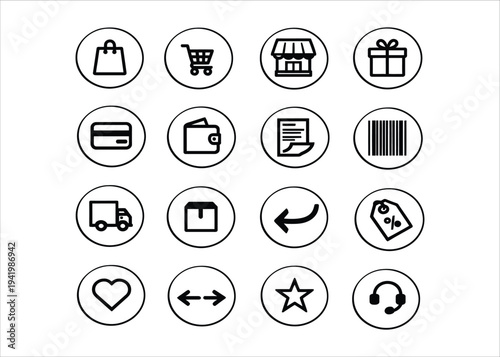 A collection of minimalist black and white e-commerce icons representing shopping, online retail, and customer service