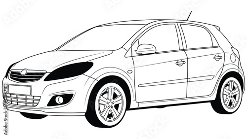 Black and white line drawing of a compact hatchback car in side view