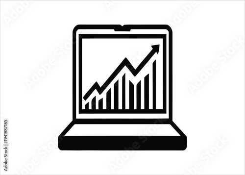 Laptop icon displaying an upward trending bar graph, symbolizing digital business growth, financial success, market analysis, and technological progress for online strategies