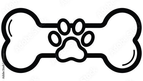 Black and white illustration of a dog bone with a paw print in the center