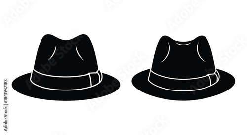 Two black fedora hats displayed against a white background silhouette