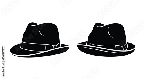 Two black fedora hats displayed side by side a striking silhouette