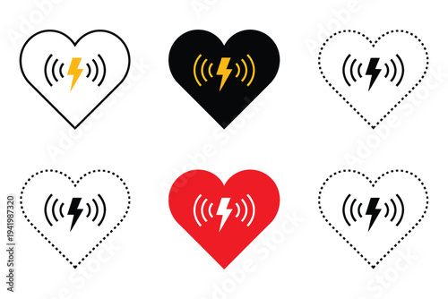AED sign with heart and electricity symbol, emergency defibrillator icon with heart and electric shock graphic, clean scalable vector illustration