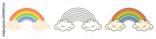 Rainbow set with clouds in flat, outline, color styles. Simple cute vector icons for weather, kids design, nursery decor, stickers, education, fantasy themes, spring graphics, prints, cards, posters.