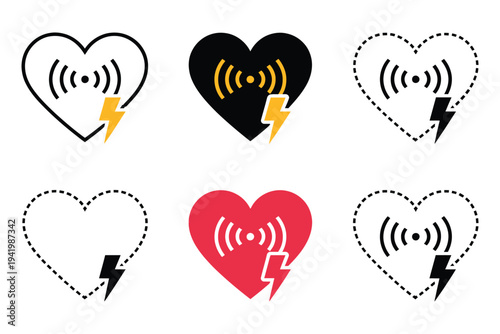 AED sign with heart and electricity symbol, automated external defibrillator emergency icon in bold flat style, medical rescue pictogram with lightning bolt and cardiac heart for hospital signage
