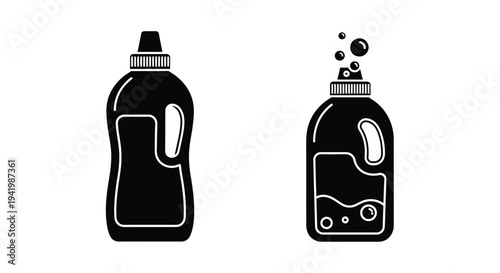 Two bottles of detergent with bubbles a striking black silhouette