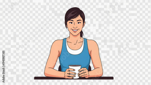 Woman relaxing with coffee cup at table in casual attire and bright smile