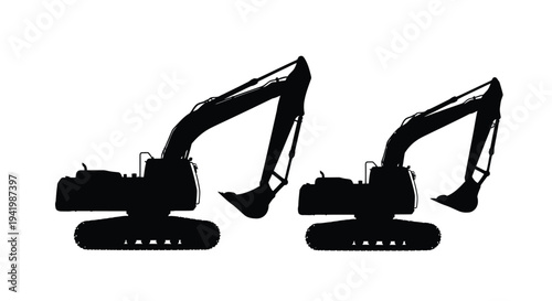 Two black excavators are depicted in a striking outline silhouette