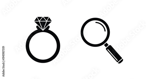 Diamond ring and magnifying glass depicted in a stark black silhouette