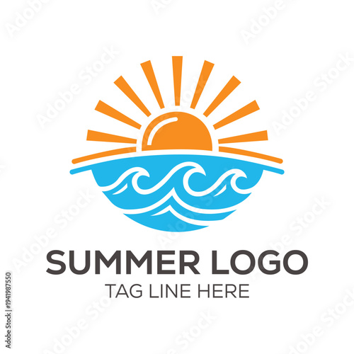 Vibrant Summer Logo Design Featuring Sun Rays Over Rolling Ocean Waves Perfect for Travel Businesses Coastal Resorts and Outdoor Recreation Brands Creating a Sense of Warmth and Adventure