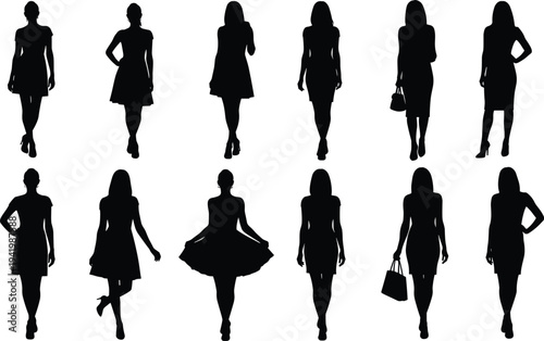 Women silhouettes collection, fashion poses vector set, stylish female icons, black artwork design, clothing illustration, feminine figure graphics, lifestyle artwork