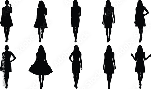 Women silhouettes collection, fashion poses vector set, stylish female icons, black artwork design, dress illustration, feminine figure graphics, lifestyle artwork