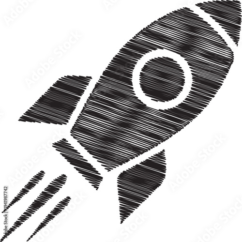 A black and white illustration of a rocket ship taking off