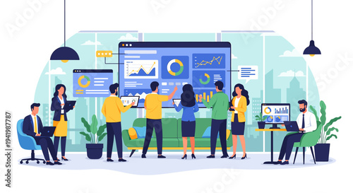 A diverse team of professionals collaborates around a large digital display showcasing business analytics and data visualization in a modern office setting.